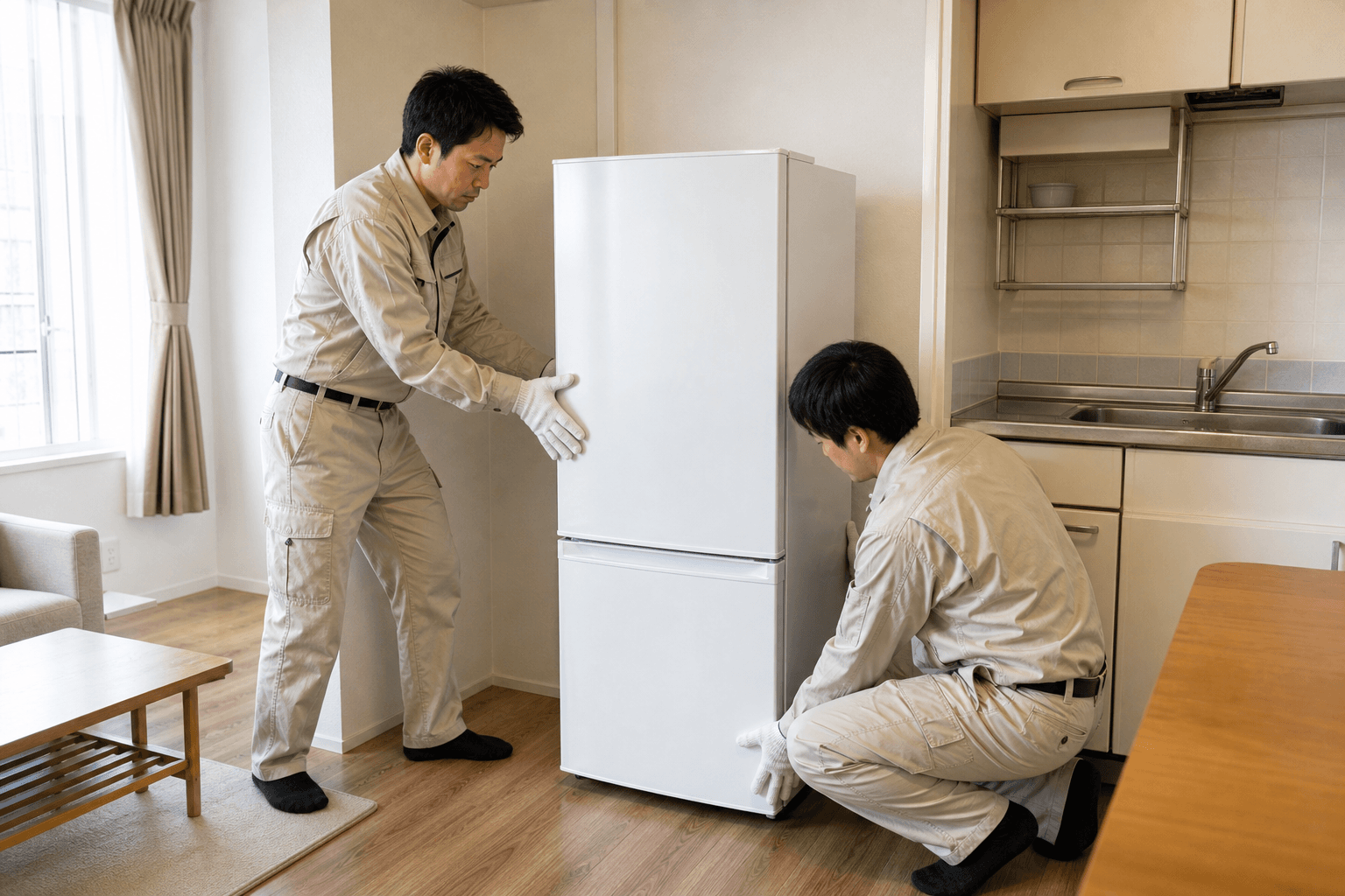 スタッフが冷蔵庫を設置する作業の様子